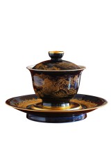 Large Jingdezhen ceramic hand-painted indigo color glaze Kung Fu tea set three bowls of tea bowl